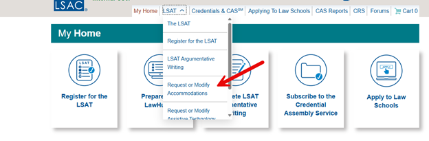 LSAC online account My Home screen. The “LSAT” submenu is expanded in the main navigation. The “Request or Modify Accommodations” link is listed in this submenu.