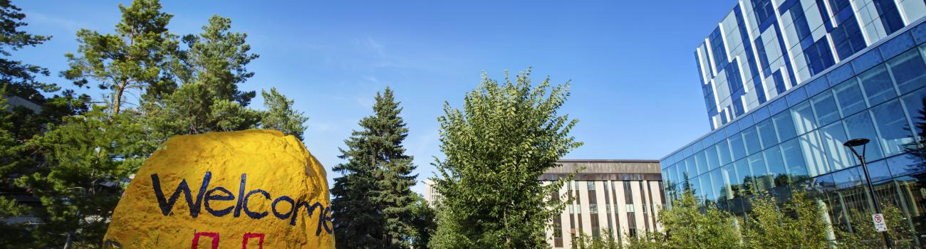View of campus with the Student Union Rock which is continuously painted over with various messages. 