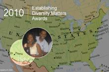 A representative from the winning law school is pictured over a map of the United States. The city of Phoenix, Arizona, is highlighted. Image copyright LSAC.