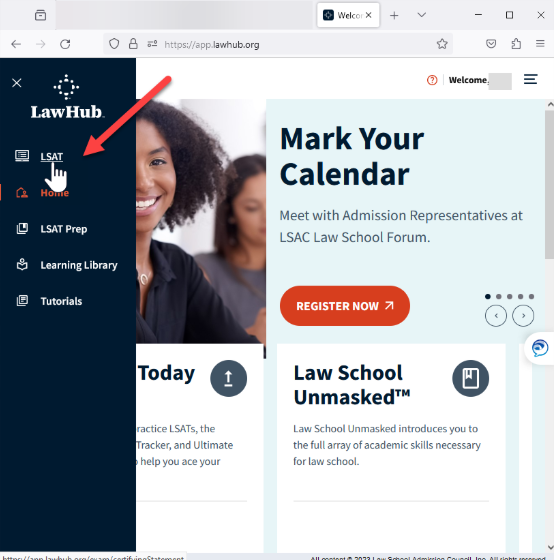 Image shows an arrow on the left side of the screen pointing to the LSAT option