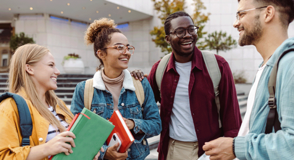 A group of law students talks together