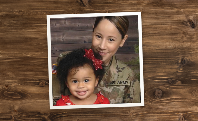 Photo of Lihán Harris and daughter on a woodgrain background